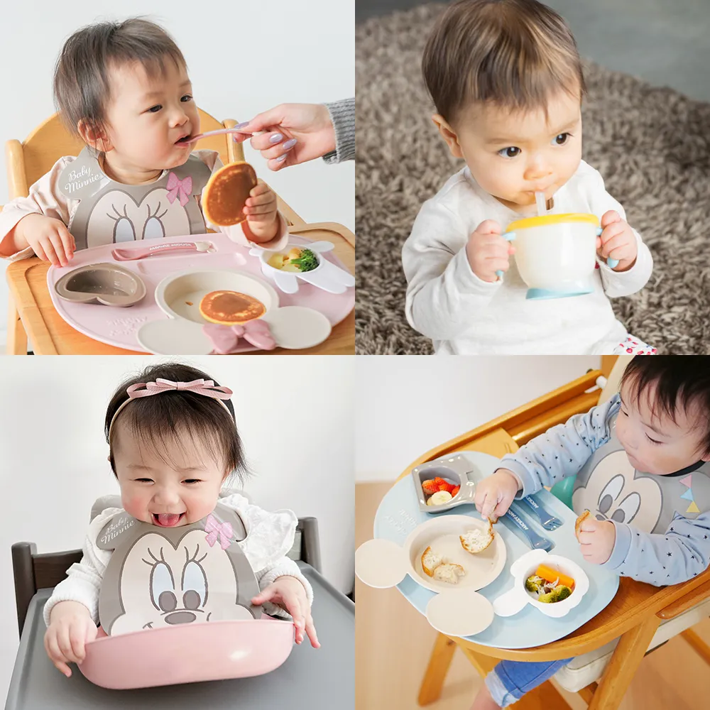 【出産祝い ベビー食器】ミッキー・ミニー アイコンランチプレート+お食事スタイセット+アクリア名前入りストローマグ みんなに選ばれている出産祝い ミッキーミニーのお食事セット