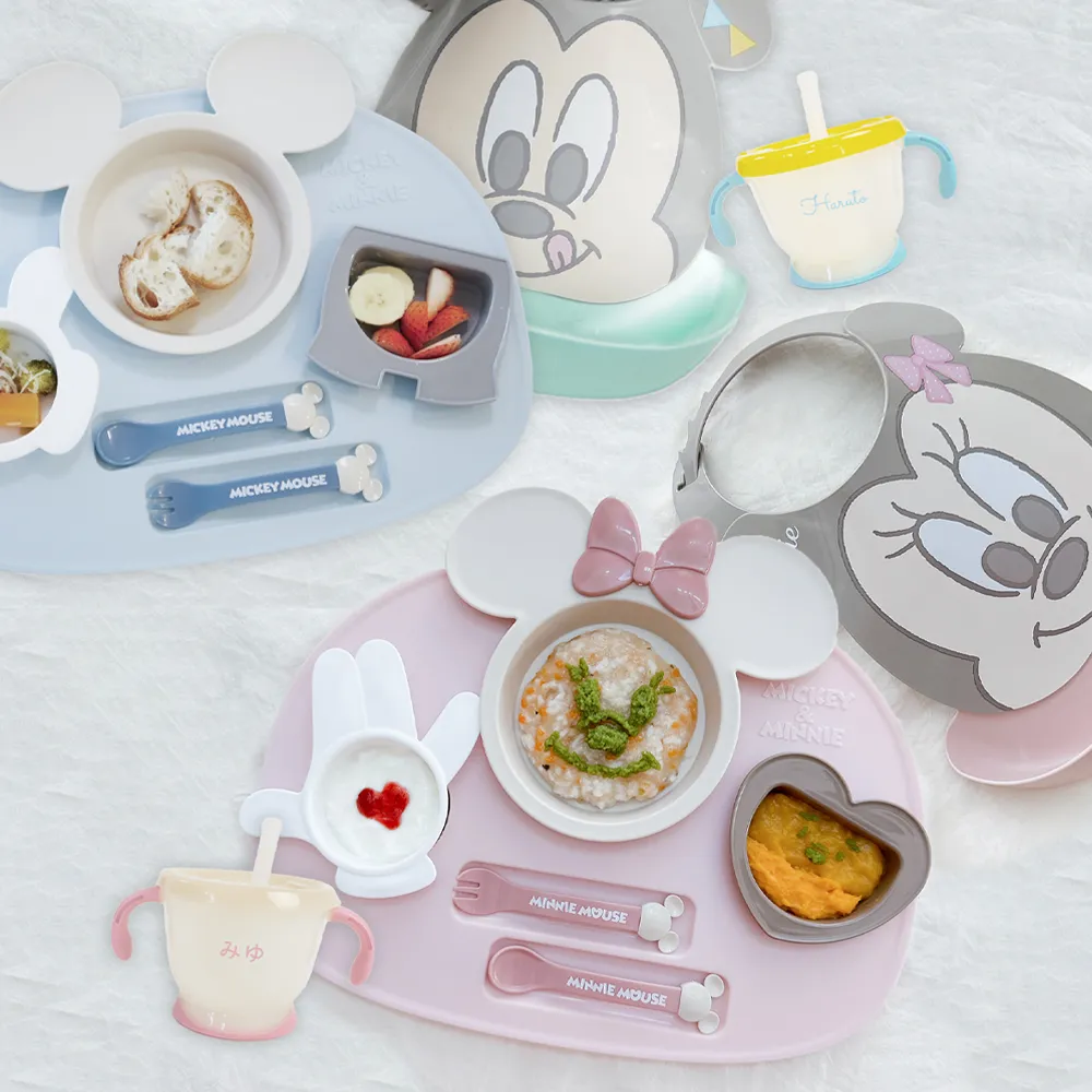 【出産祝い ベビー食器】ミッキー・ミニー アイコンランチプレート+お食事スタイセット+アクリア名前入りストローマグ ミッキー・ミニーで可愛さ満点