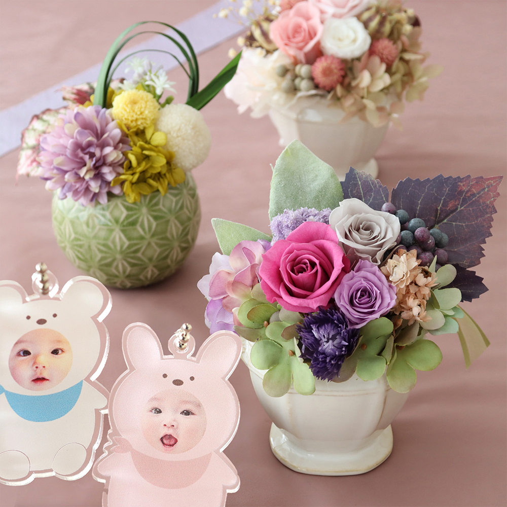 プリザーブドフラワー フルレット＋写真入り着ぐるみキーホルダー