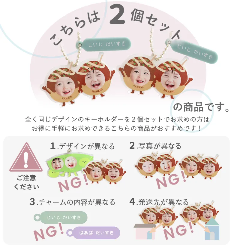 おつまみキッズ&ペット 顔はめキーホルダー(2人・3人用)【同一デザイン・2個セット】