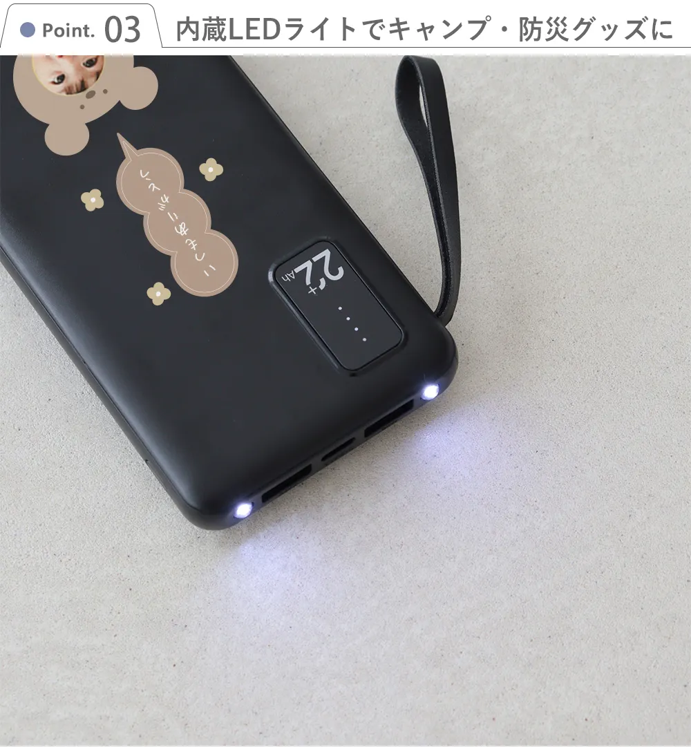 【名入れ】モバイルバッテリー22800mAh うちの子顔写真入り Point.3 LEDライト内蔵でキャンプ・防災グッズに