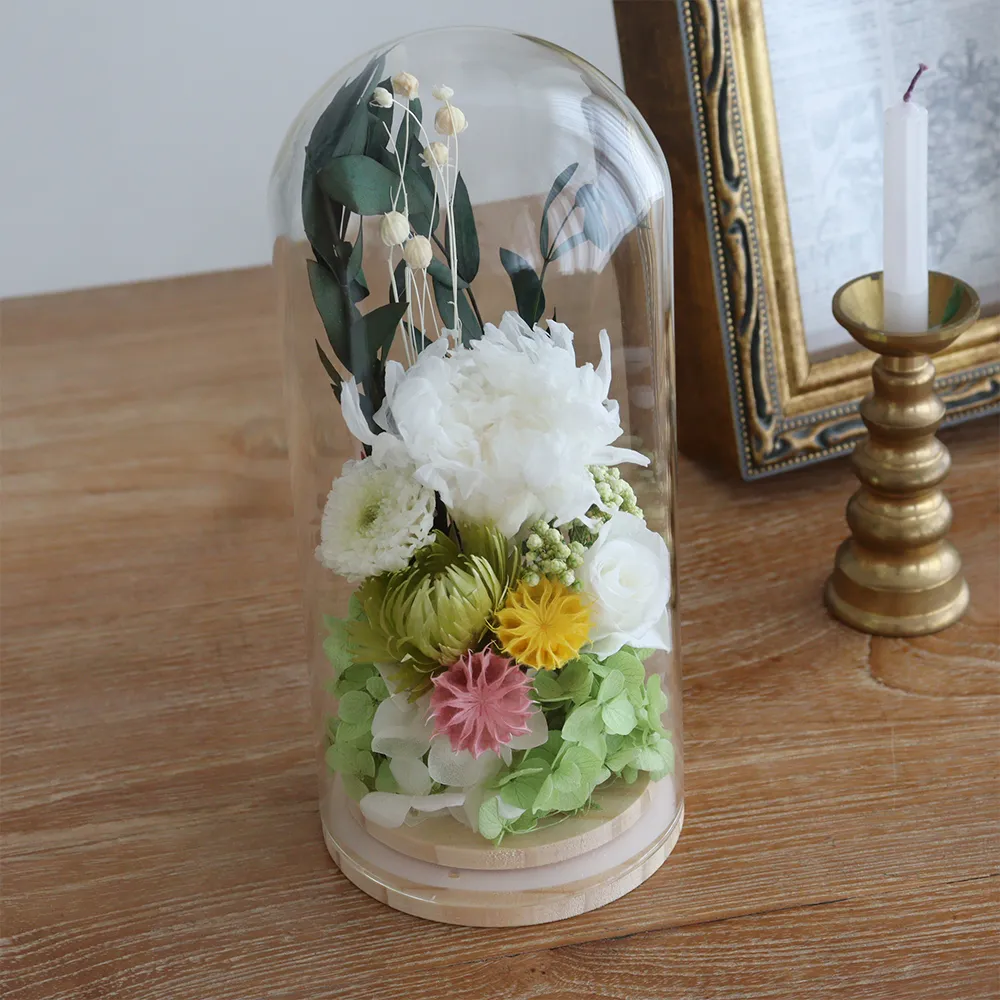 プリザーブドフラワー 仏花 お供え花 ガラスドーム露菊(つゆぎく)