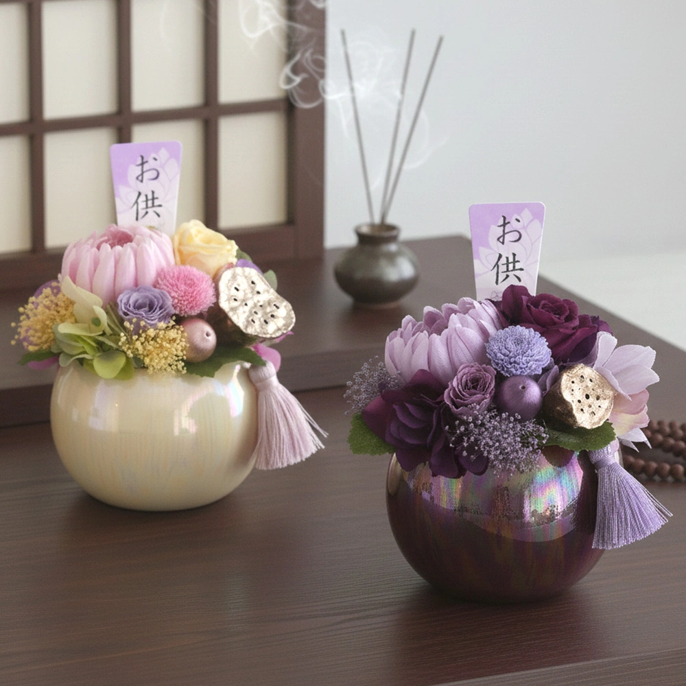 プリザーブドフラワー 仏花 お供え花 帆華（ほのか）花器付｜ベルビー