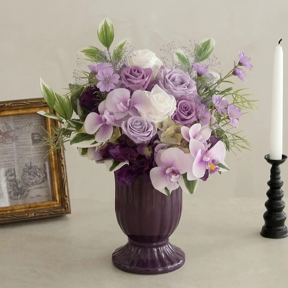 プリザーブドフラワー 仏花 お供え花 陽紫（ひさき）花器付｜ベルビー